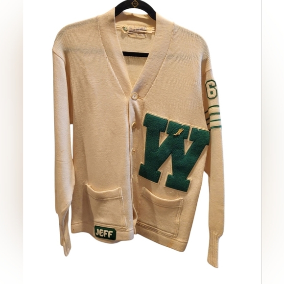 Vintage 1965 Varsity Button Up Letter Sweater Green & White - Picture 1 of 12
